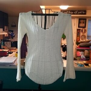 White knitted sweater crisscross sides @ waist & scoop neck w bell sleeves